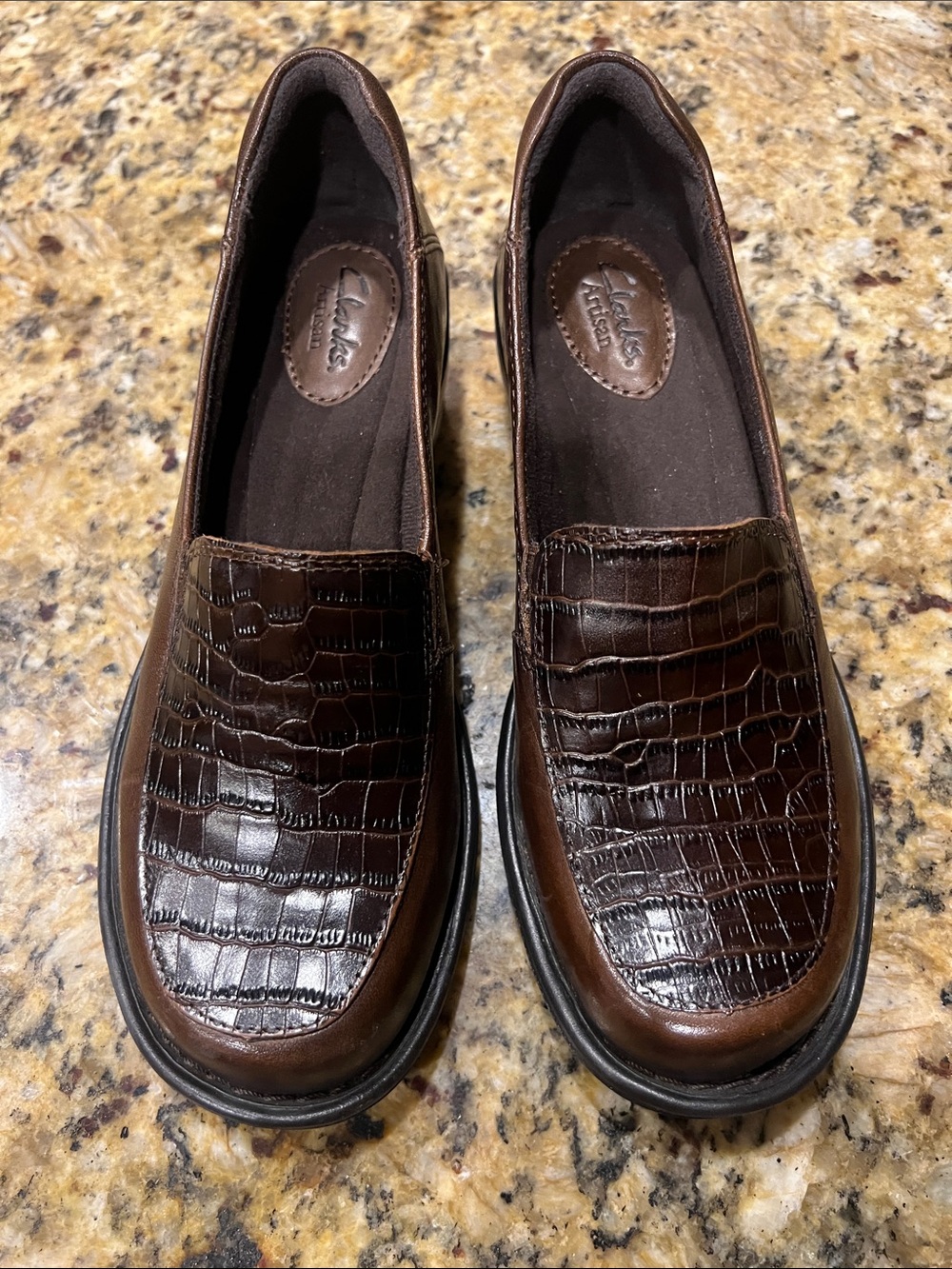 Clarks Women’s Dark Brown Croc-Embossed Slip-On Loafers